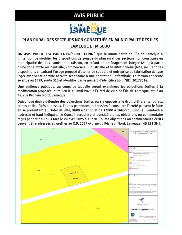 Avis Public – Adoption d’un règlement modifiant le plan rural des secteurs non constitués en municipalité des îles Lamèque et Miscou