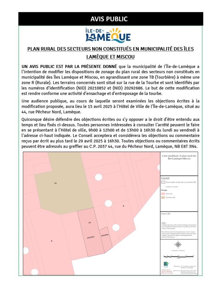 Avis Public –  Adoption d’un règlement modifiant le plan rural des secteurs non constitués en municipalité des îles Lamèque et Miscou