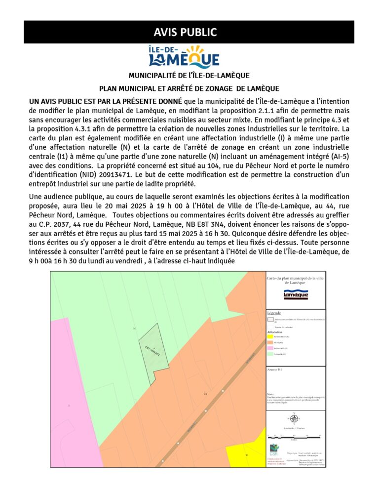 Avis public – la municipalité de l’Île-de-Lamèque a l’intention de modifier le plan municipal et arrêté de zonage de Lamèque