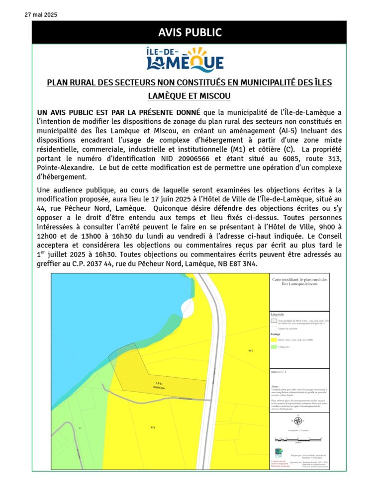 Avis Public – Plan rural des secteurs non constitués en municipalité des îles Lamèque et Miscou