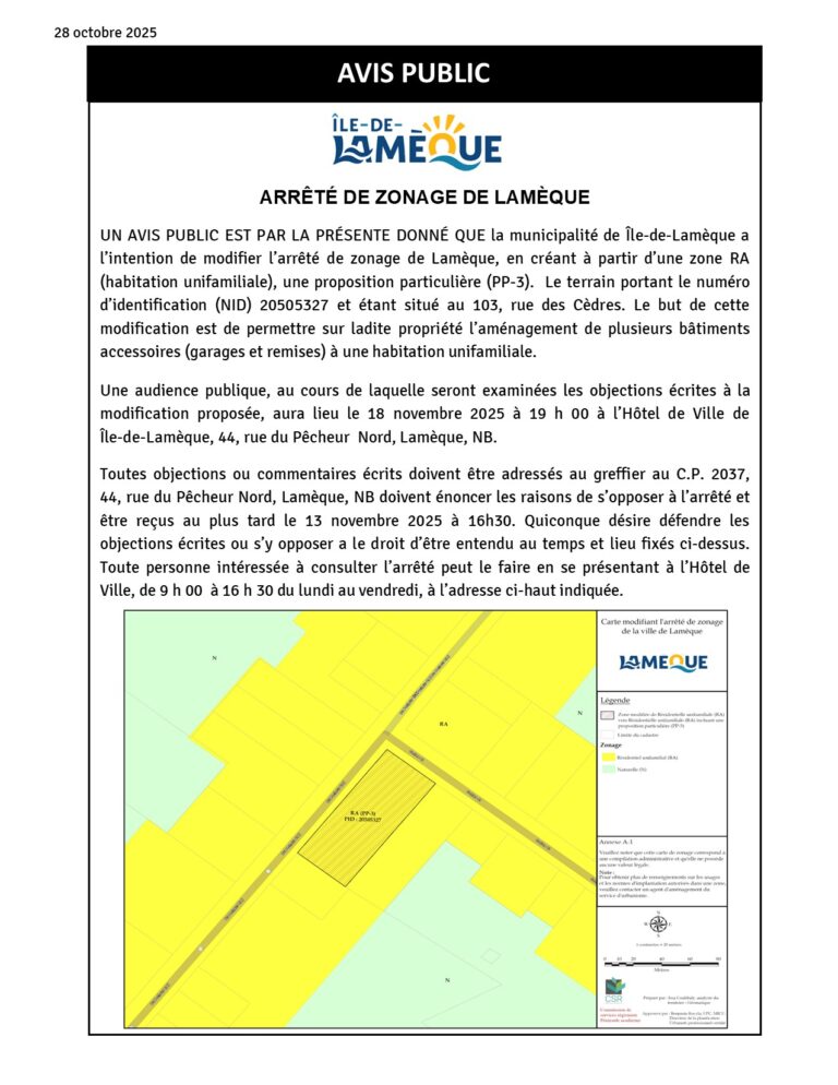 Avis public – Arrêté de zonage de Lamèque