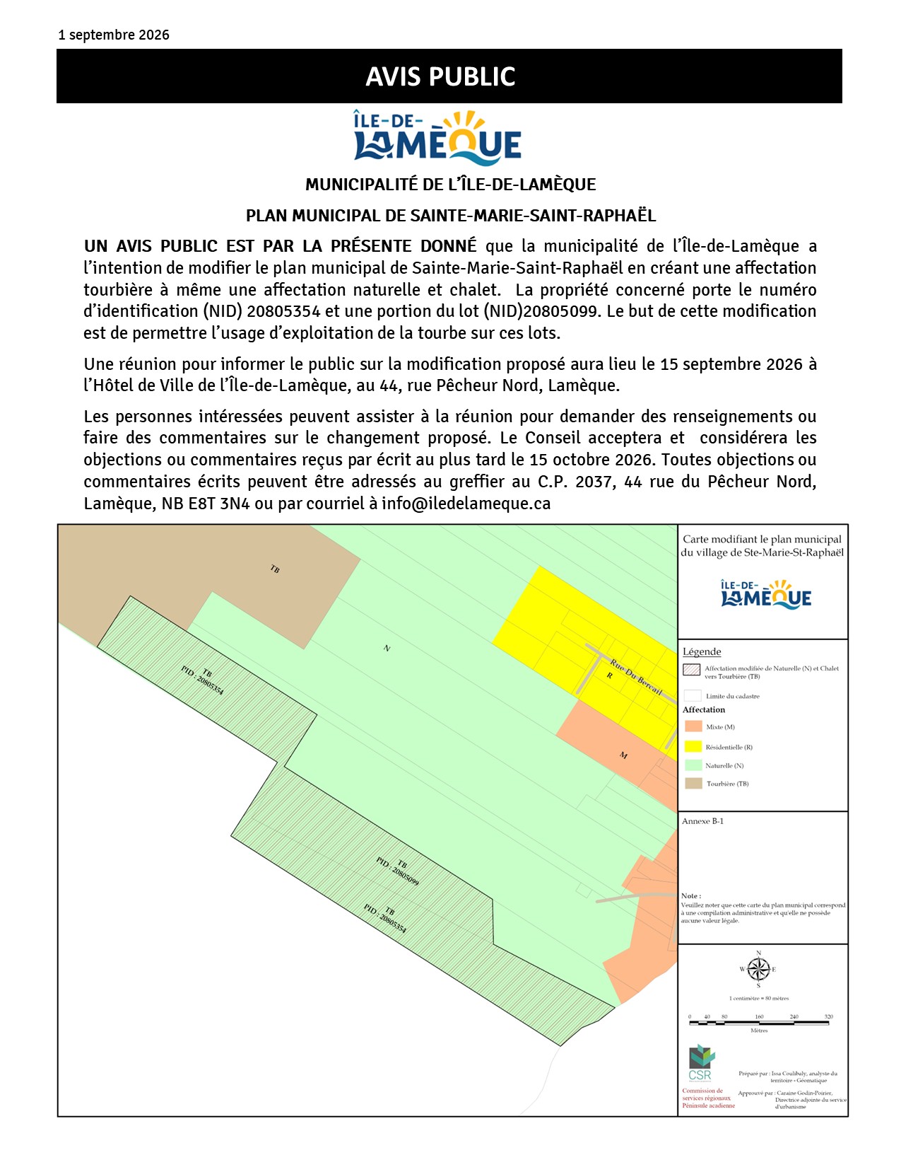 Avis Public - 1-5 sept 2026 - Modification plan municipal - Sun gro Horticulture