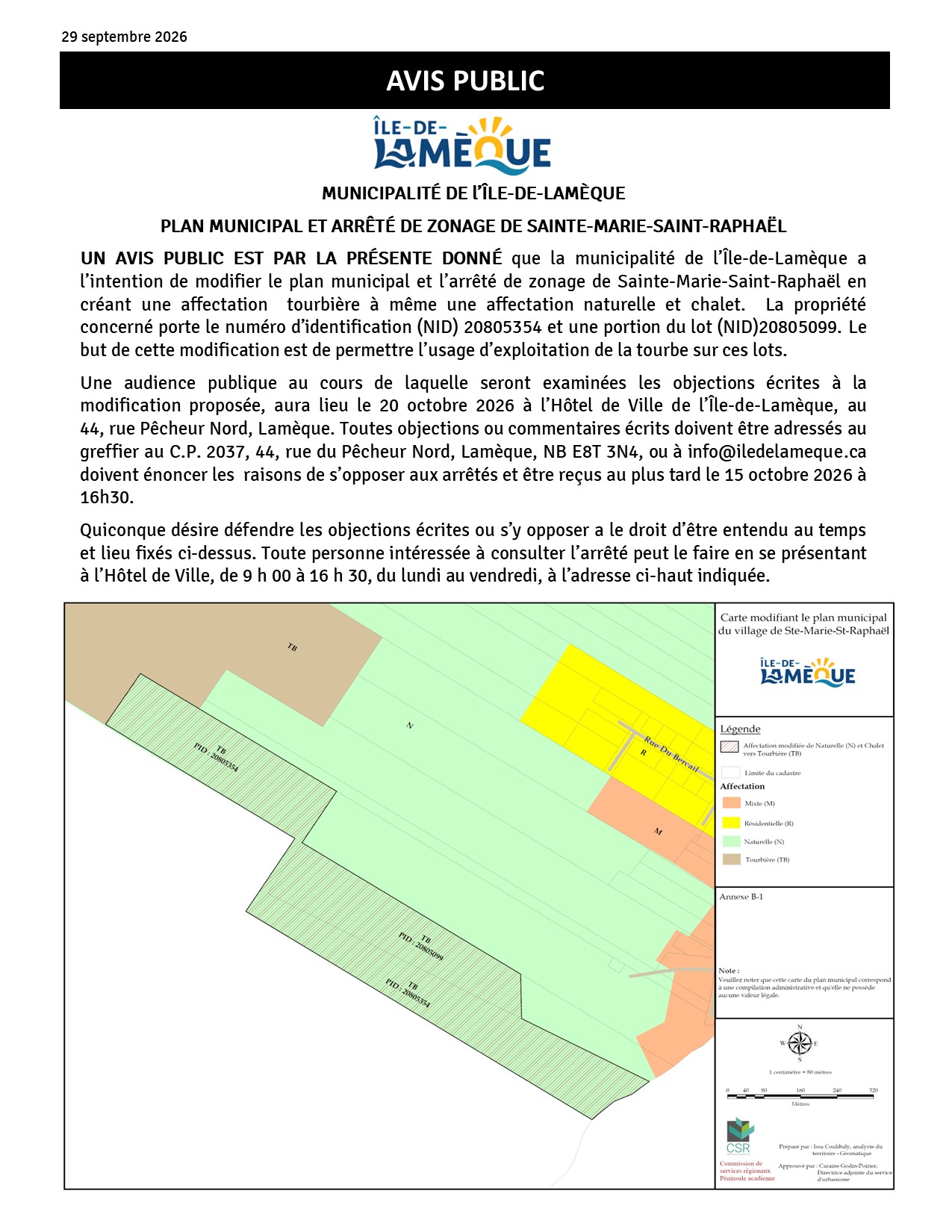 Avis Public - 29 sept 2026 - Modification plan municipal SMSR - Sun Gro Horticulture
